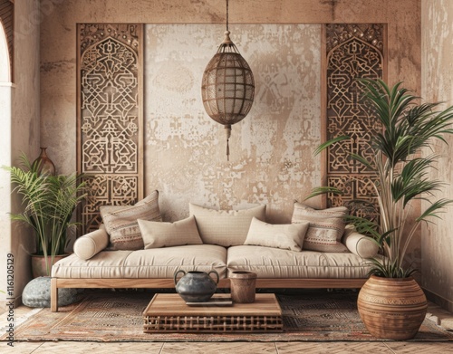 A traditional Arab house with islamic pattern and ramadan lamp decoration. Cosy beige interior photo