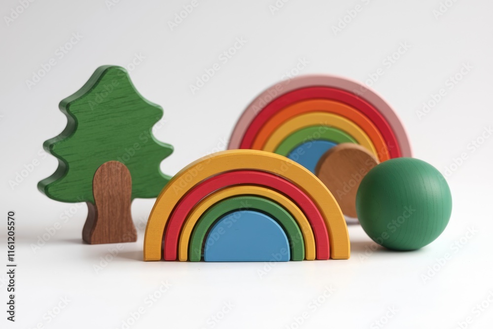 Colorful wooden rainbow toy with a green tree and ball Colorful wooden rainbow toy with a green tree and ball