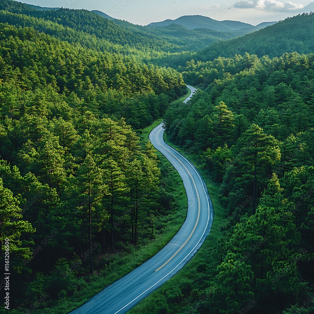 Winding Road Through Lush Green Mountain Forest Winding Road Through Lush Green Mountain Forest