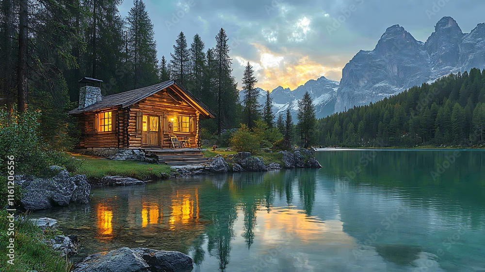 Fototapeta premium Scenic Featuring Idyllic Lakeside Cabin With Radiant Autumn Mountain Photo