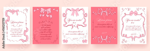 Set of coquette templates with delicate hand drawn pink ribbon frames and bows. Trendy elegant vintage wedding invitations, Valentine’s Day cards, romantic designs, poster, banner designs.