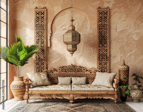 A traditional Arab house with islamic pattern and ramadan lamp decoration. Cosy beige interior photo