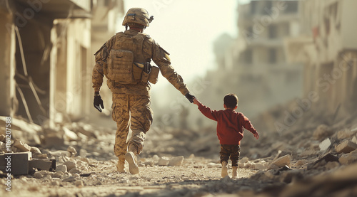 military saving a child from war 