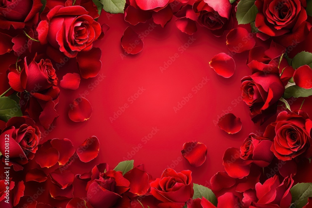Romantic Red Rose Border with Petals Perfect for Valentine's Day Celebrations or Love-themed Designs Featuring a Strikingly Elegant Background Romantic Red Rose Border with Petals Perfect for Valentine's Day Celebrations or Love-themed Designs Featuring a Strikingly Elegant Background