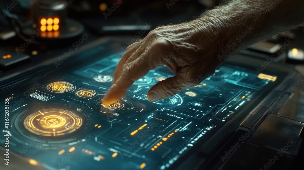 Elderly Hand Interacting with Futuristic Interface Elderly Hand Interacting with Futuristic Interface
