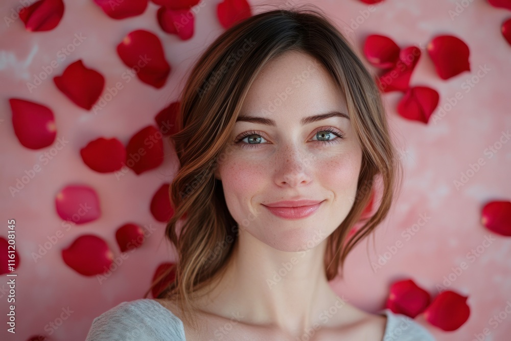 Charming Portrait of a Young Woman Surrounded by Heartfelt Rose Petals Perfect for Valentine's Day Decor and Romantic Themes Charming Portrait of a Young Woman Surrounded by Heartfelt Rose Petals Perfect for Valentine's Day Decor and Romantic Themes