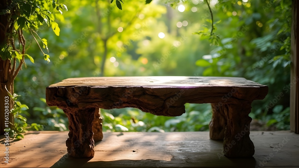 Rustic Carved Wooden Table Top View, Gnarled Legs, Weathered Floor, Lush Green Bokeh Background Rustic Carved Wooden Table Top View, Gnarled Legs, Weathered Floor, Lush Green Bokeh Background
