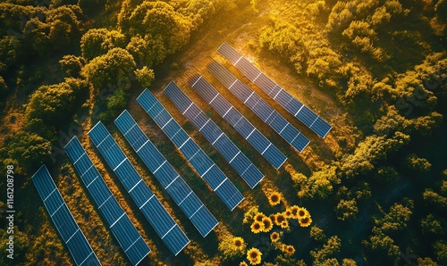 A Photovoltaic System on the Ground with Sunflowers Growing

 photo