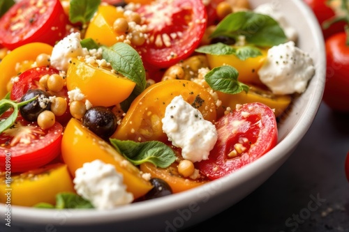 Close up of fresh colorful heirloom tomato salad with ricotta on dark background photo