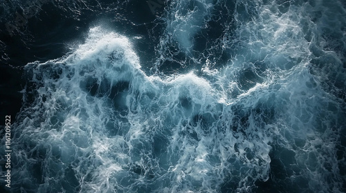 Waves crashing in the ocean at evening light near a rocky shoreline photo