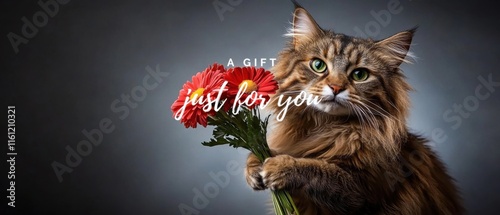 Adorable Maine Coon Cat Holding Red Flowers, A Gift Just For You photo