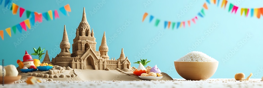 Obraz premium Songkran Festival banner, featuring sand castles and traditional Thai temples