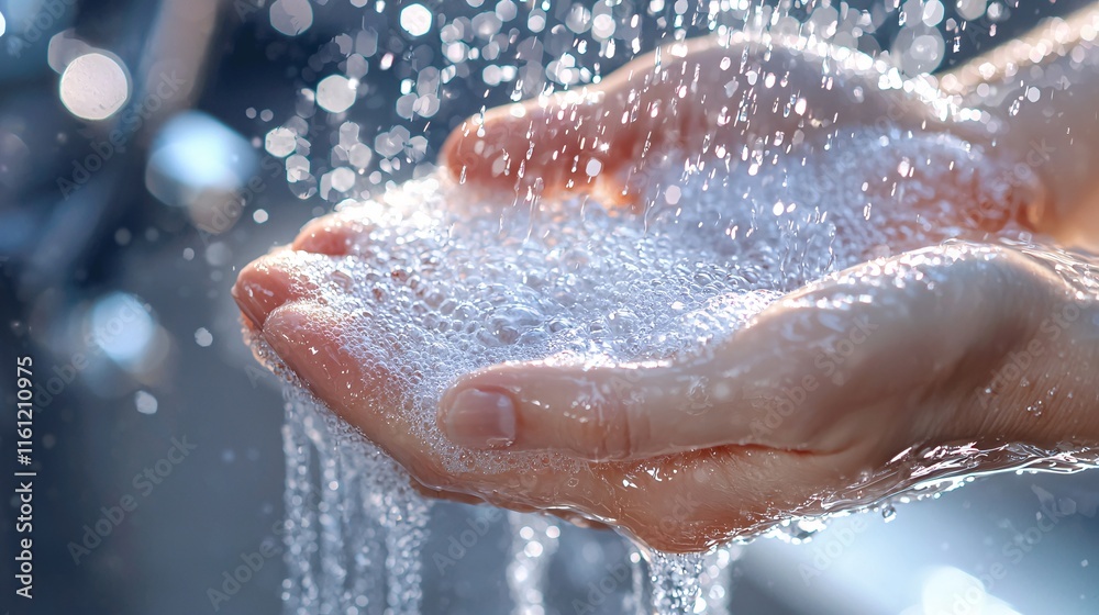Fototapeta premium A close-up view of hands catching glistening water droplets filled with bubbles, showcasing the refreshing and cleansing experience in a bright and airy setting.