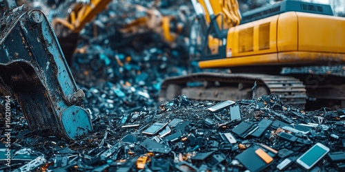 A Pile of Black Electronic Waste with Blue and Yellow Construction photo