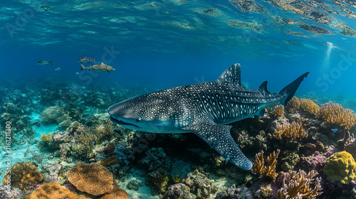 Whale shark swimming gracefully over coral reef near a tropical island