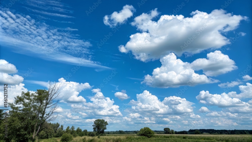 Sunny skies and fluffy clouds over serene agricultural landscape Sunny skies and fluffy clouds over serene agricultural landscape