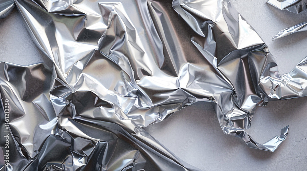 A single sheet of crumpled metallic silver paper, flattened slightly but retaining creases, reflecting light in varying directions on a white backdrop. A single sheet of crumpled metallic silver paper, flattened slightly but retaining creases, reflecting light in varying directions on a white backdrop.