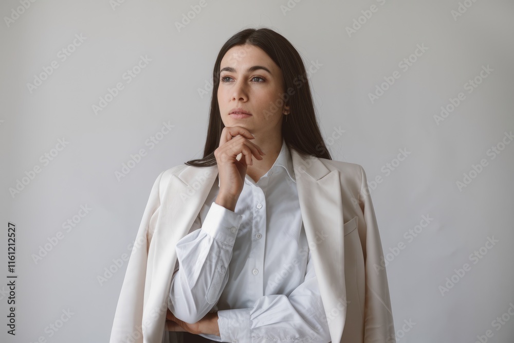 A woman in a white blazer and shirt looks thoughtfully to the side.