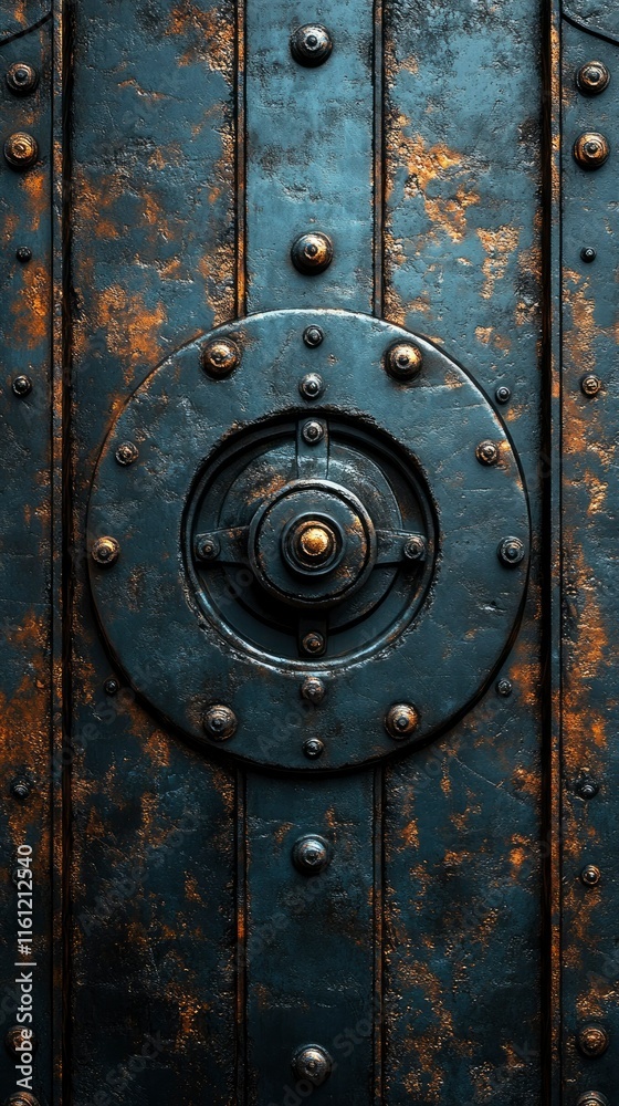 Fototapeta premium Rusty Metal Door with Circular Mechanism Detail