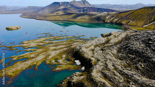 Aerial view of the beautiful lake Frostastadhavatn in the highlands of Landmannalaugar, Iceland. photo