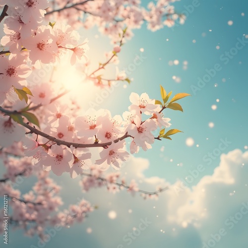 Serene Spring, Abstract Cherry Blossoms in Warm Sunlight, Ethereal Pastel Colors, Soft Blue Sky, Hopeful and Peaceful Late Spring Scene