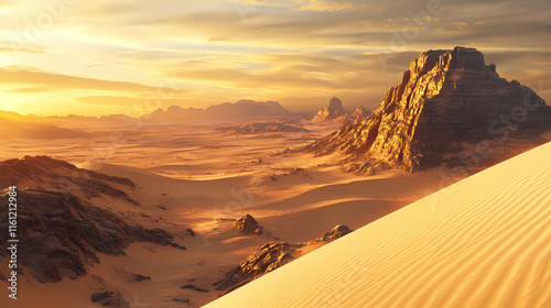 Desert landscape with sandy dunes and beige rocky outcrops at dusk, golden, yellow, dune. Dune. Illustration photo