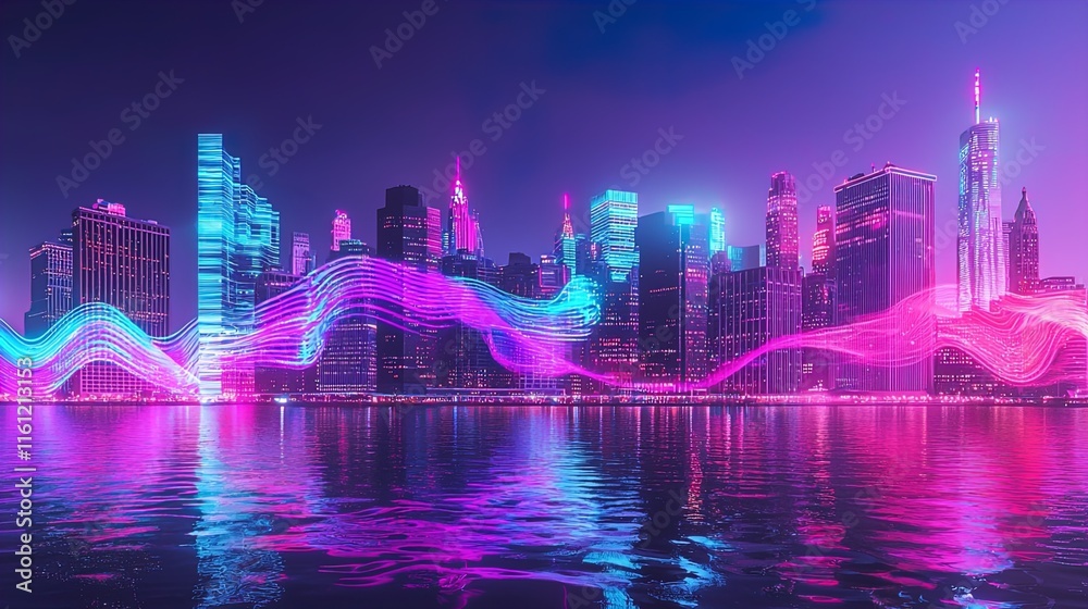 Obraz premium A stunning night view of a vibrant city skyline reflecting on calm waters, characterized by colorful neon lights in shades of blue and pink. The buildings are illuminated against a purple and dark blu