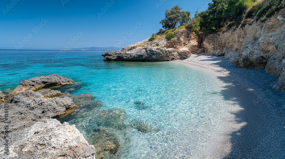 Serene beach with crystal clear water and rocky coastline on a sunny day Serene beach with crystal clear water and rocky coastline on a sunny day