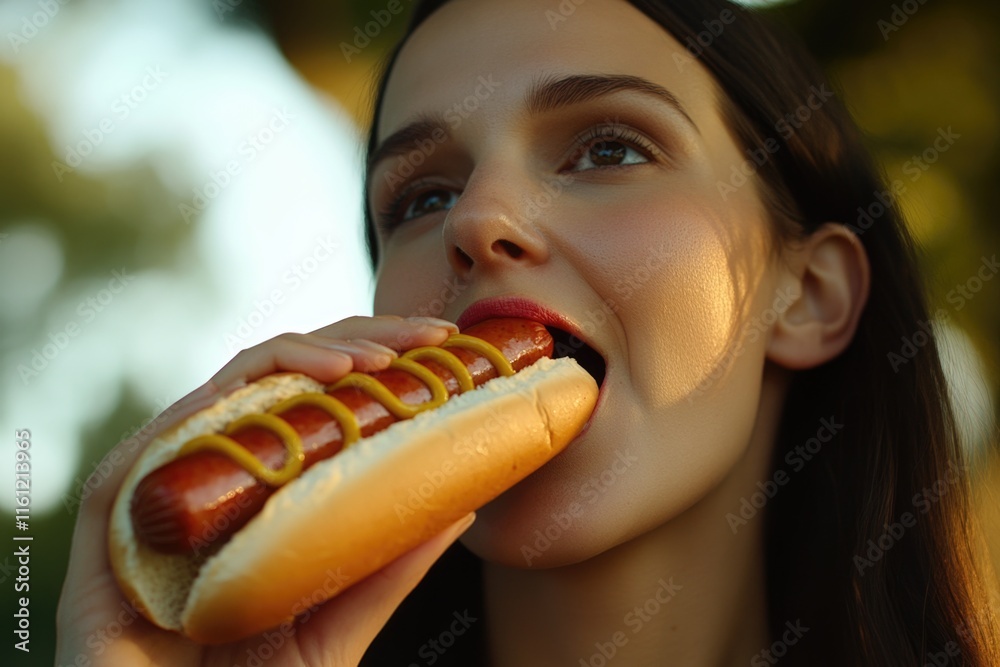A woman enjoying a hot dog with ketchup and mustard A woman enjoying a hot dog with ketchup and mustard