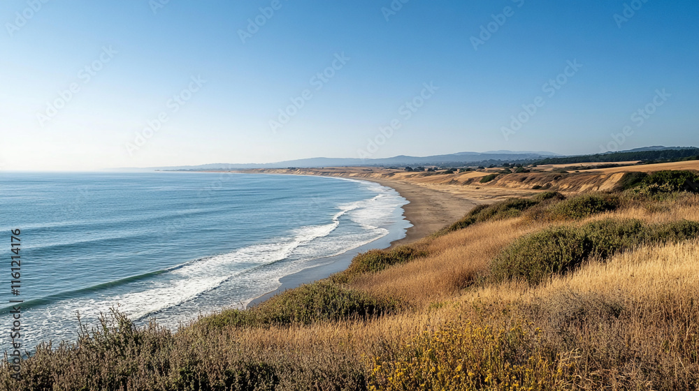 Scenic coastal view with gentle waves and golden grass under a clear blue sky