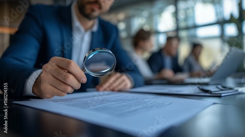 Businessman examining documents with magnifying glass in office meeting