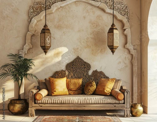 A traditional Arab house with islamic pattern and ramadan lamp decoration. Cosy beige interior photo