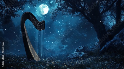 A mystical scene featuring a beautifully crafted harp set against a backdrop of a starry night sky. The luminous full moon casts a soft glow, illuminating the tranquil forest surroundings filled with 