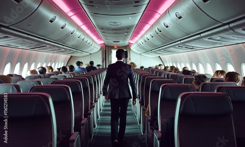 Successful Businessman Walking Through an Airplane Aisle, Preparing for a Business Trip with Confidence, Traveling for Corporate Meetings, Professional and Stylish Appearance in Luxury Aircraft Cabin