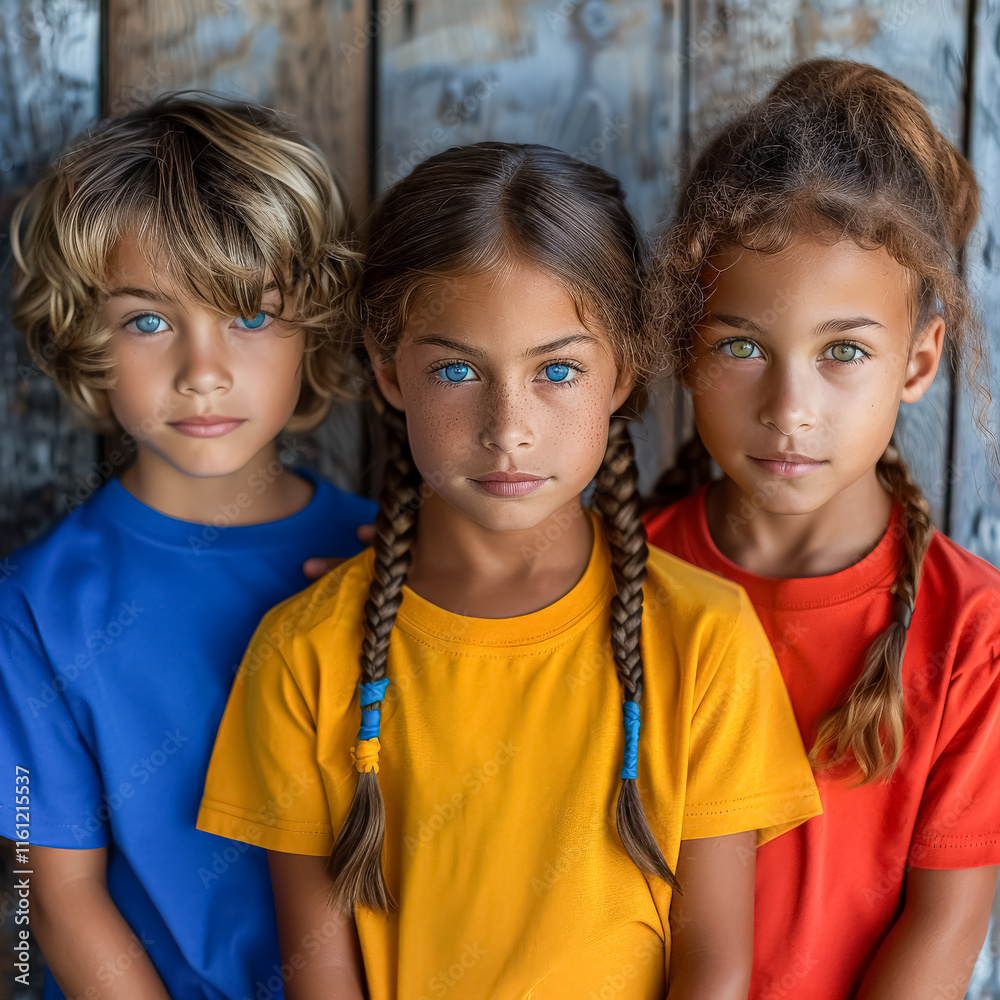 Three young children with braids and black and yellow shirts stand in a row. Three young children with braids and black and yellow shirts stand in a row.