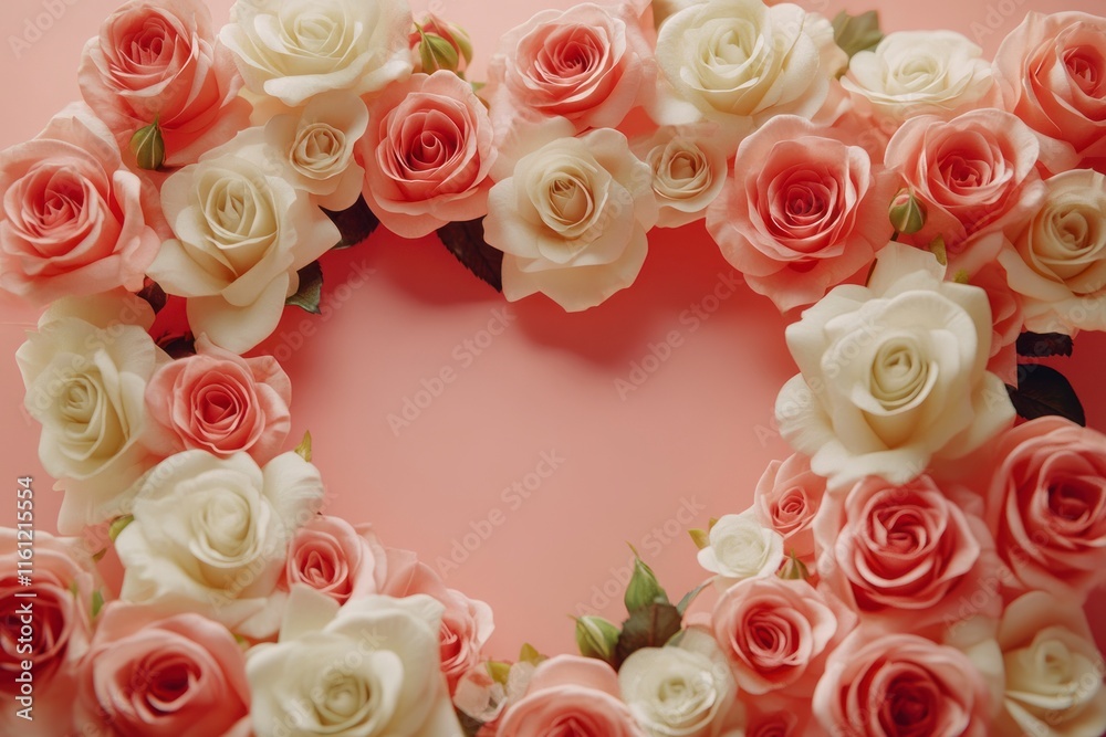 Beautiful Floral Frame in Heart Shape Made of Pink and White Roses Perfect for Valentine's Day Celebrations, Romantic Events, and Love-Themed Decor Beautiful Floral Frame in Heart Shape Made of Pink and White Roses Perfect for Valentine's Day Celebrations, Romantic Events, and Love-Themed Decor