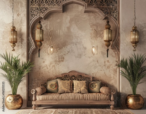 A traditional Arab house with islamic pattern and ramadan lamp decoration. Cosy beige interior photo