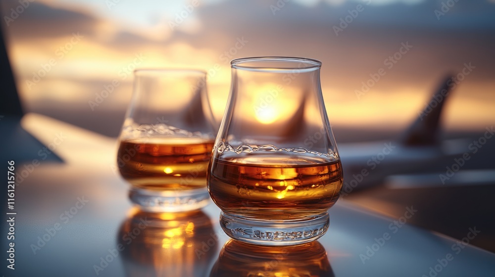 Two glasses of whiskey sit on a table Two glasses of whiskey sit on a table