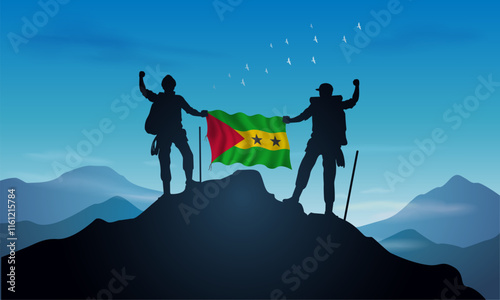 Sao Tome and Principe flag, silhouette of a man holding a flag as a sign of success in reaching the top of the mountain against a clear sky background. Vector Illustrator
