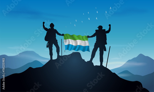 Sierra Leone flag, silhouette of a man holding a flag as a sign of success in reaching the top of the mountain against a clear sky background. Vector Illustrator