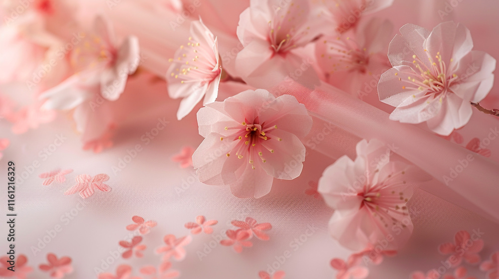A single sheet of origami paper with a delicate cherry blossom pattern on a light pink background, partially folded to show the intricate design, isolated on a white surface. A single sheet of origami paper with a delicate cherry blossom pattern on a light pink background, partially folded to show the intricate design, isolated on a white surface.