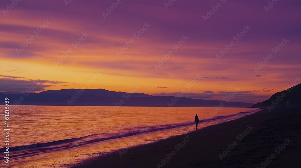 Obraz premium Solitary Sunset Stroll: A Serene Coastal Scene at Dusk