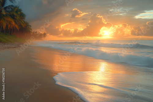 A serene tropical beach during sunset featuring golden skies, gentle waves, and palm trees silhouetted against the horizon, creating a perfect scene for relaxation and vacation inspiration.


