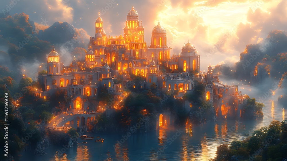 Glowing island city at sunset, with buildings, towers, and boats on calm water. Glowing island city at sunset, with buildings, towers, and boats on calm water.
