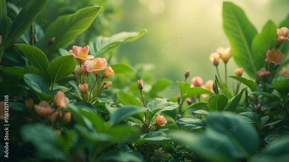 Serene Botanical Oasis, Lush Foliage, Soft Focus Flowers, Tranquil Garden Scene Serene Botanical Oasis, Lush Foliage, Soft Focus Flowers, Tranquil Garden Scene