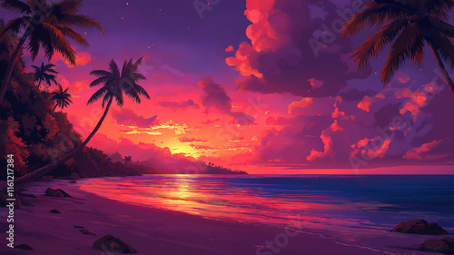 Cartoon-style vector illustration of a tropical beach at sunset with palm trees and colorful skies