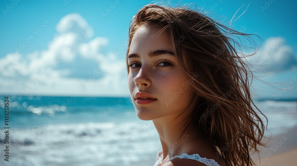 Woman gazes towards the ocean with windblown hair on a sunny beach in summer Woman gazes towards the ocean with windblown hair on a sunny beach in summer