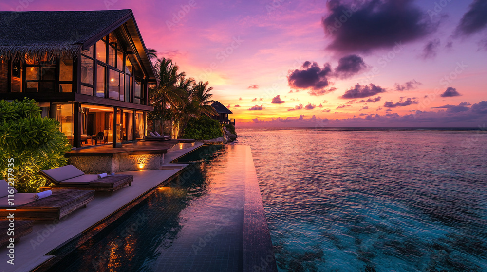 Luxurious beachfront villa at sunset with vibrant sky and ocean reflections Luxurious beachfront villa at sunset with vibrant sky and ocean reflections
