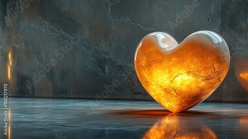 Glowing amber heart on marble floor with reflections and warm light effects photo