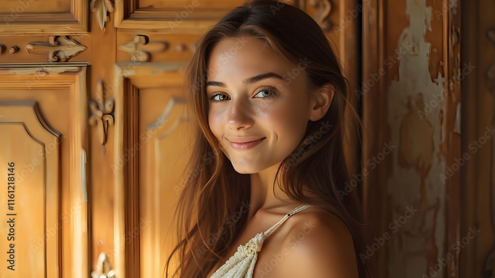 Fototapeta premium Confident Young Woman with Chestnut Hair, Elegant Pose Against Intricate Carved Wooden Background, Soft Golden Light